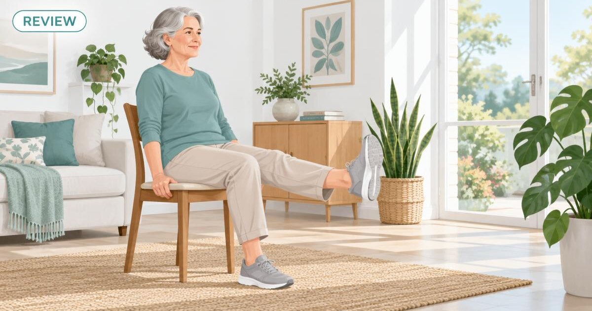 Illustration of an older adult seated on a chair doing a gentle knee extension in a sunny living room, with a REVIEW tag