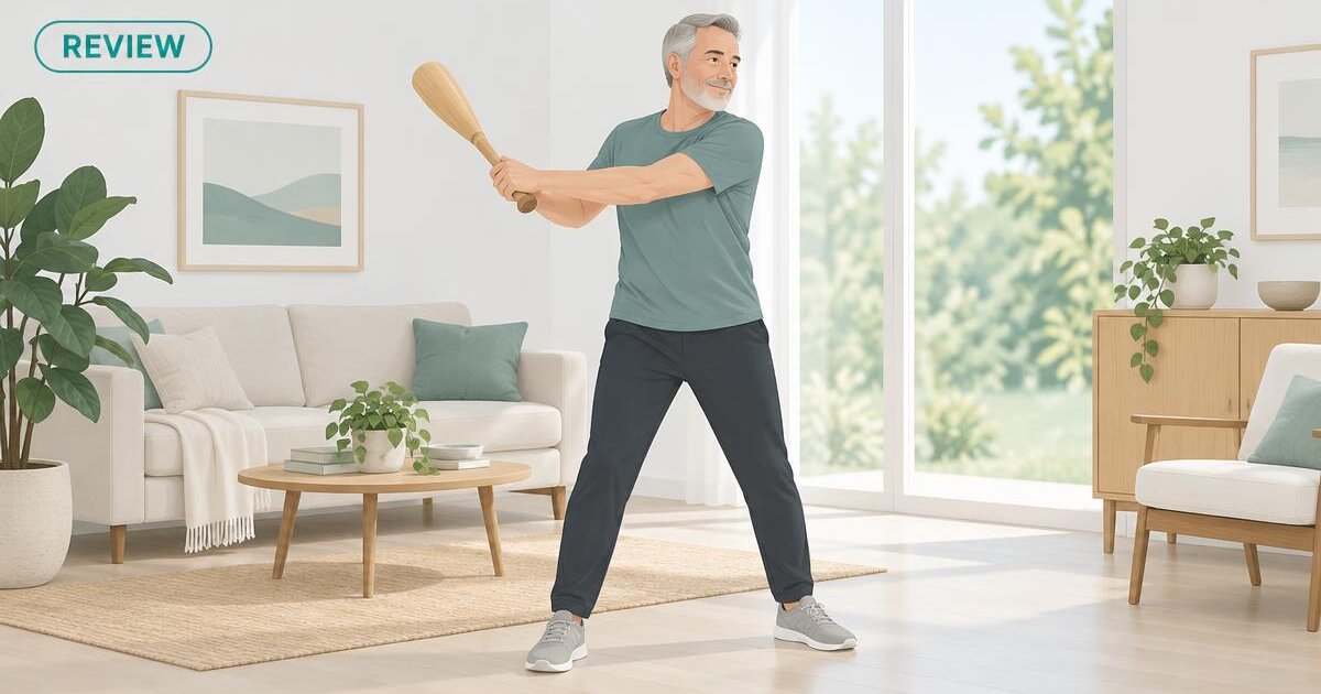 Illustration of an adult gently swinging a light wooden club in a bright living room, with a REVIEW tag