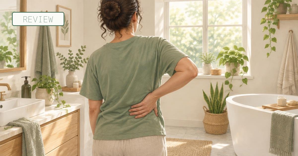 Illustration of a person rubbing a cream into their lower back in a bright bathroom, with a REVIEW tag