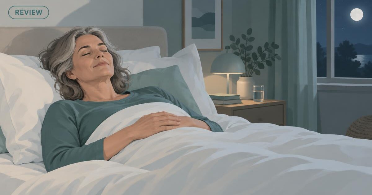 Illustration of a person lying in bed in a dim, calm bedroom with eyes closed and hands on the belly, with a REVIEW tag