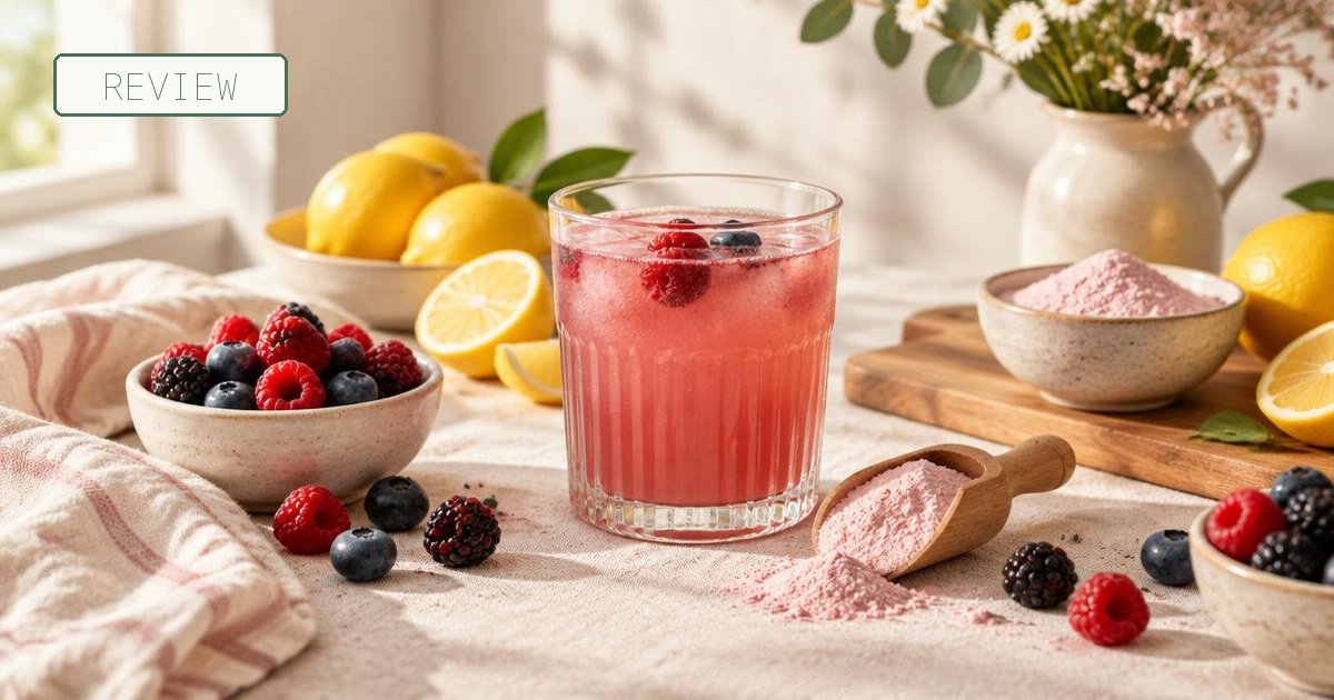 Illustration of a glass of pink drink and a scoop of powder on a kitchen counter, with a REVIEW tag