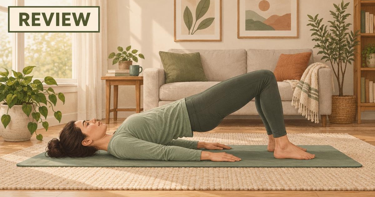 Illustration of a woman doing a glute bridge on a mat at home, with a REVIEW tag