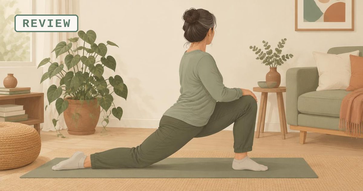 Illustration of a woman in loose clothing doing a kneeling hip stretch on a mat at home, with a REVIEW tag