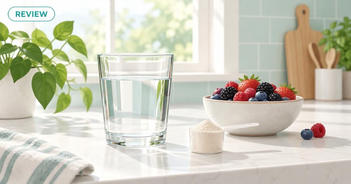 Illustration of a morning kitchen counter with a glass of water, a measuring scoop and a bowl of berries, with a REVIEW tag