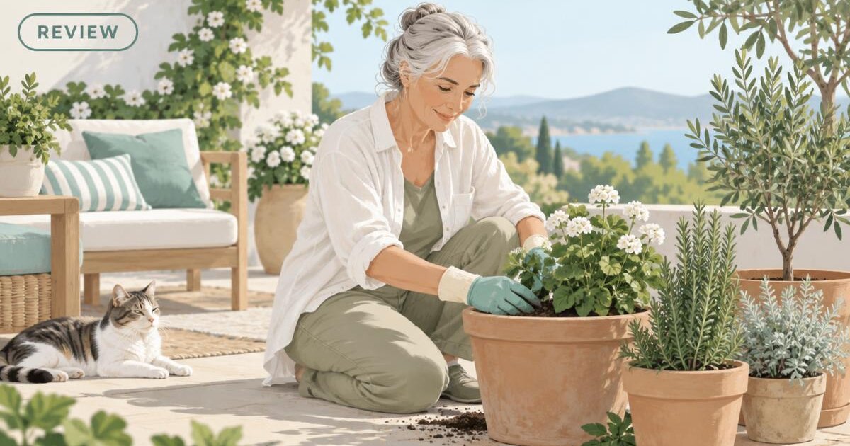 Illustration of an older adult gardening comfortably on a sunny patio, with a REVIEW tag