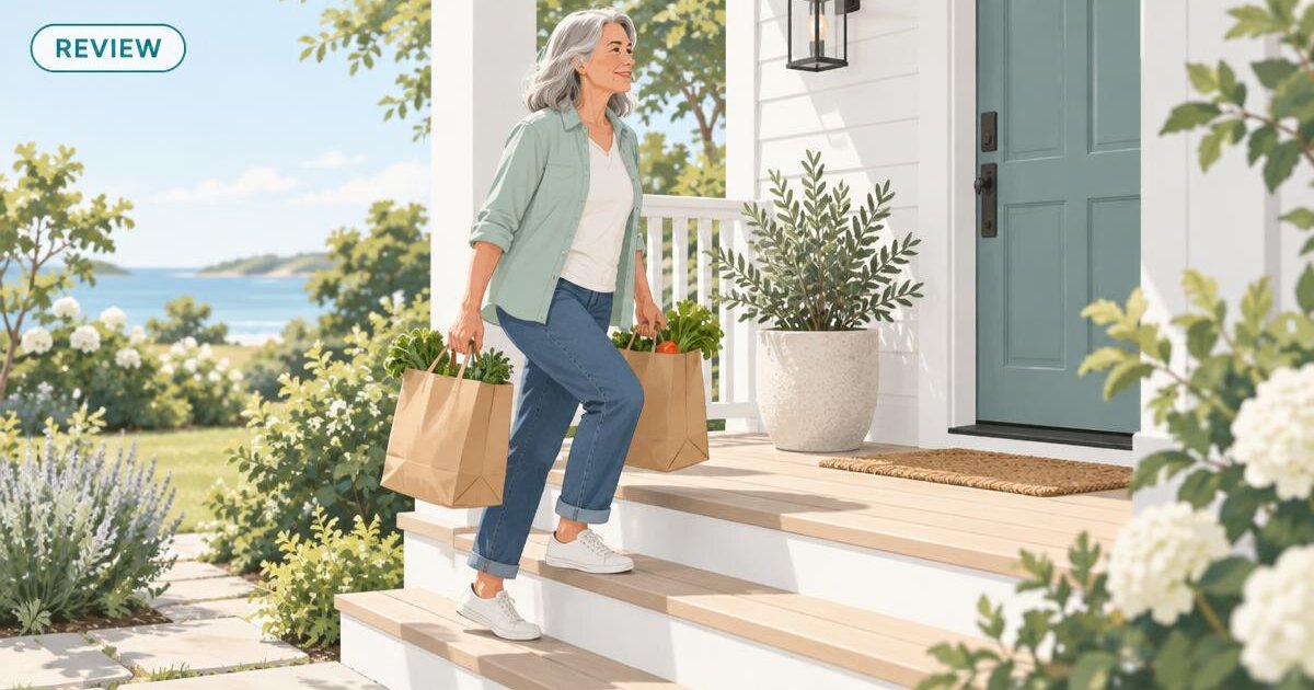 Illustration of an older adult carrying grocery bags up a few porch steps, with a REVIEW tag