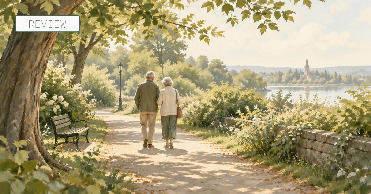 Illustration of an older couple walking on a park path, with a REVIEW tag