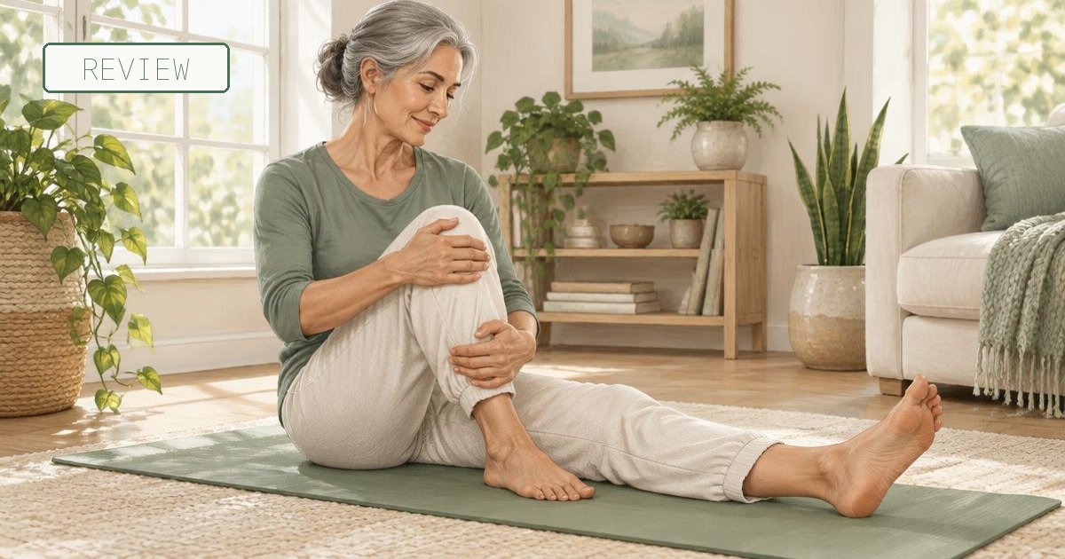 Illustration of an older adult stretching their knee on a mat at home, with a REVIEW tag
