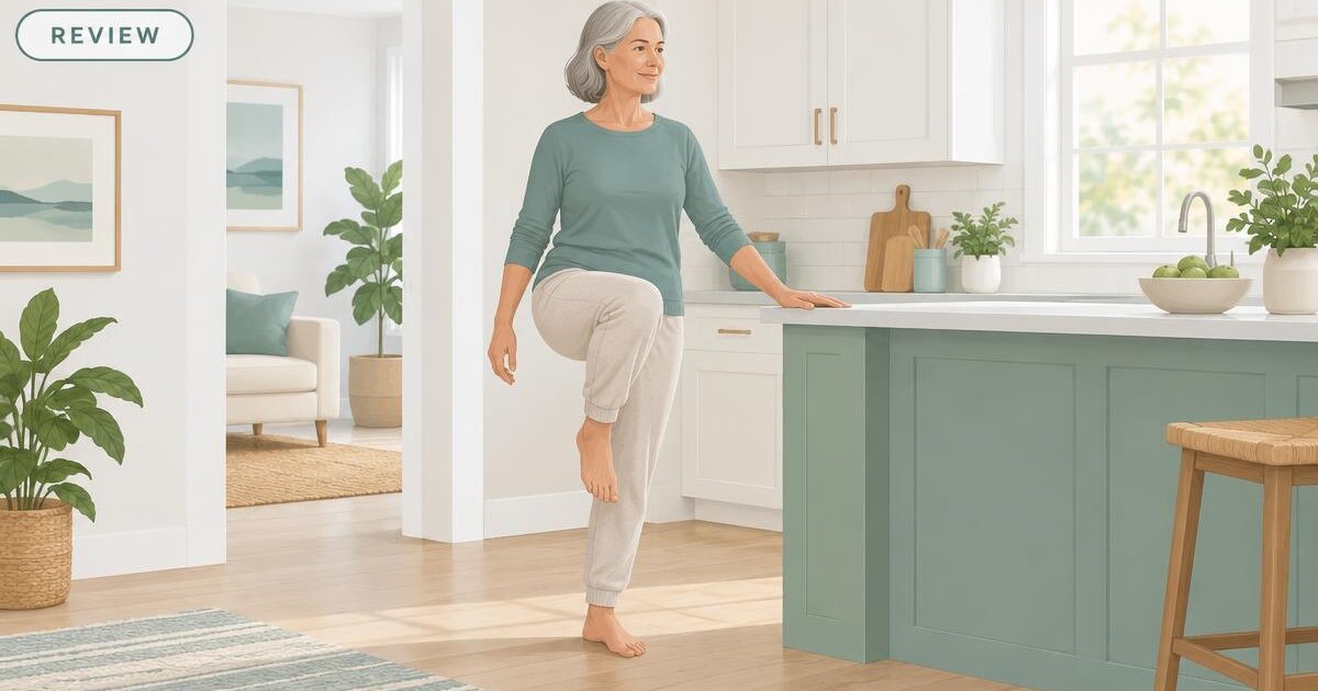 Illustration of an older adult standing on one foot beside a kitchen counter at home, with a REVIEW tag