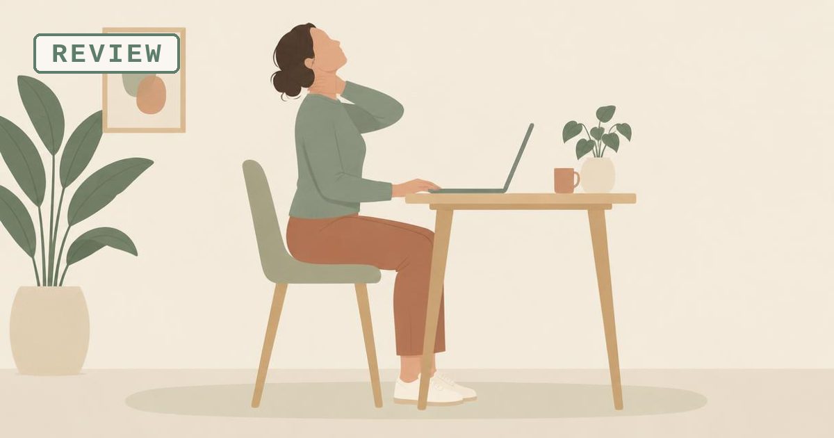 Illustration of a person sitting at a desk with a laptop doing a gentle neck stretch, with a REVIEW tag