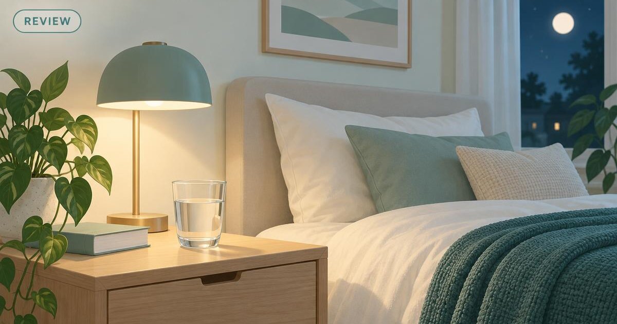 Illustration of a calm bedside table with a glass of water and a reading lamp at night, with a REVIEW tag