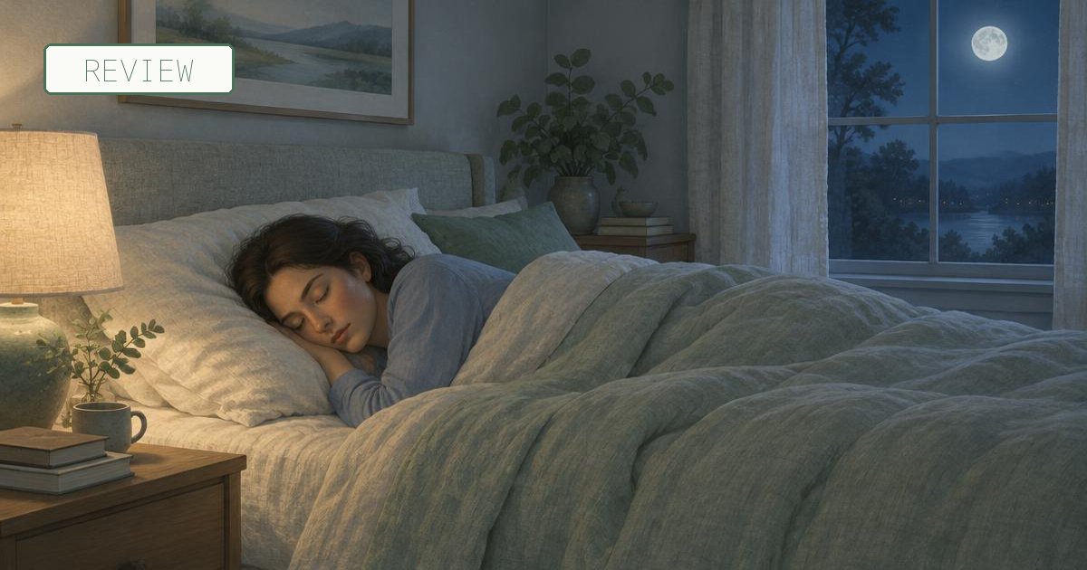 Illustration of a calm bedroom at night with a person sleeping on their side, with a REVIEW tag