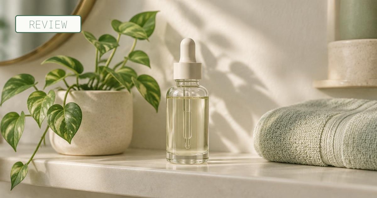 Illustration of a dropper bottle of serum on a bathroom shelf with soft morning light, with a REVIEW tag
