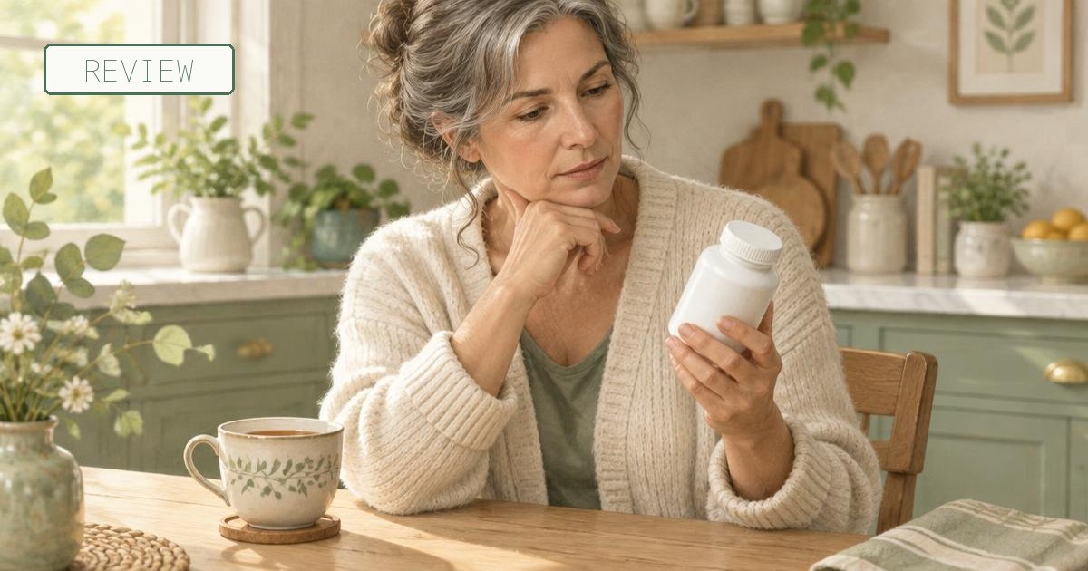 Illustration of a woman reading a supplement label at a kitchen table, with a REVIEW tag