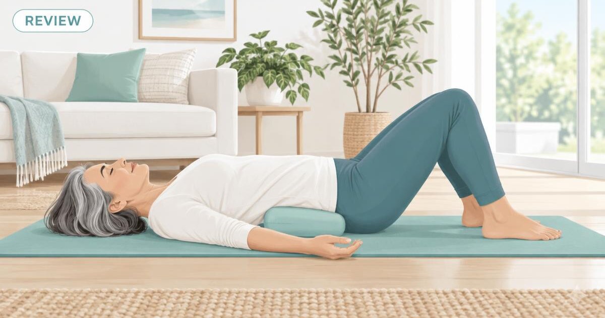 Illustration of an adult lying on a mat at home with knees bent and a small foam support under the lower back, with a REVIEW tag
