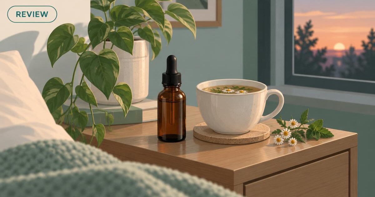 Illustration of a dropper bottle and a cup of herbal tea on a nightstand at dusk, with a REVIEW tag